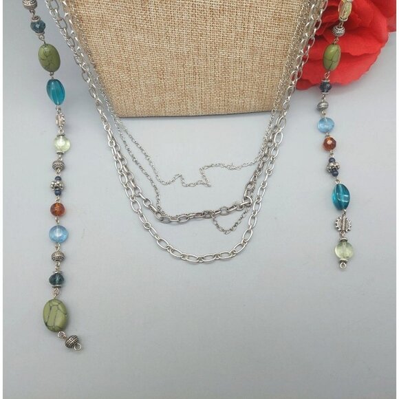 Premier Designs Silver Tone Necklace Multi Strand Chains Colorful Beads 36" - Picture 8 of 11